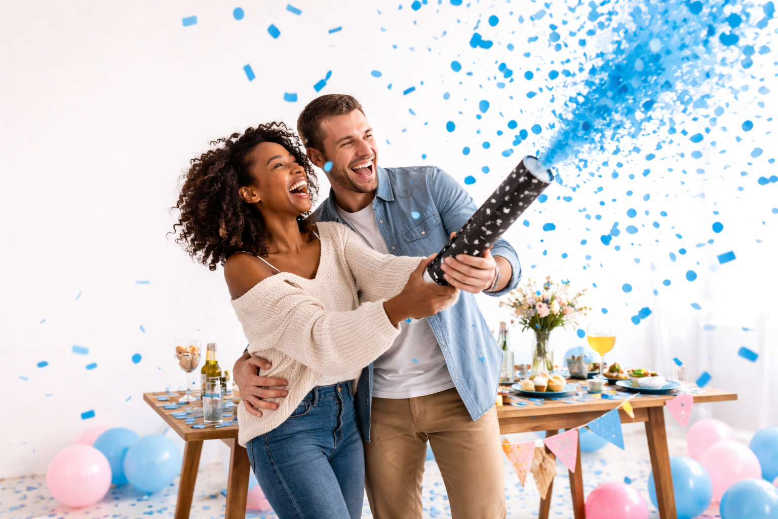 Confetti canon gender reveal boy.